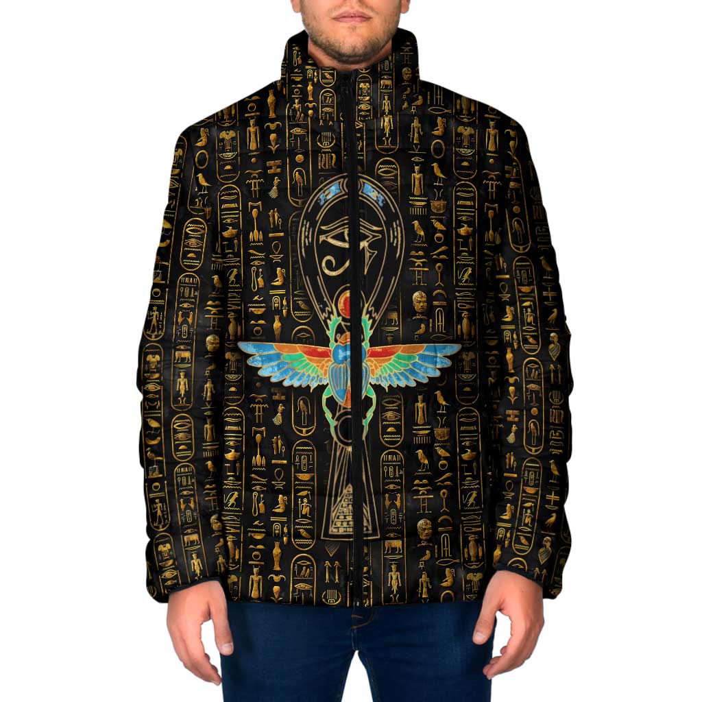 Ancient Pride Padded Jacket African Hieroglyphic Pattern, Eye of Horus, and Sacred Scarab Symbol - Wonder Print Shop