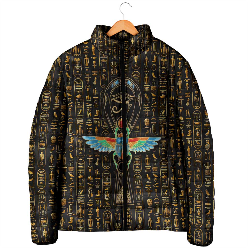Ancient Pride Padded Jacket African Hieroglyphic Pattern, Eye of Horus, and Sacred Scarab Symbol - Wonder Print Shop