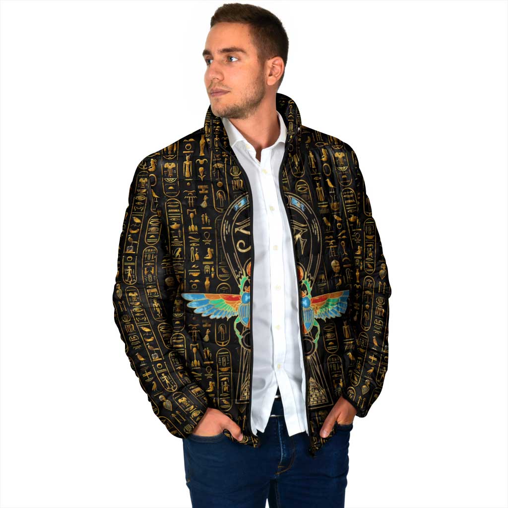 Ancient Pride Padded Jacket African Hieroglyphic Pattern, Eye of Horus, and Sacred Scarab Symbol - Wonder Print Shop