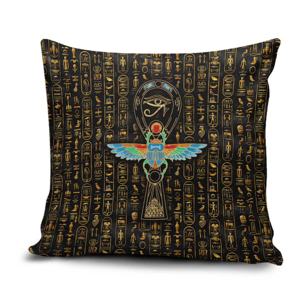 Ancient Pride Pillow Cover African Hieroglyphic Pattern, Eye of Horus, and Sacred Scarab Symbol - Wonder Print Shop