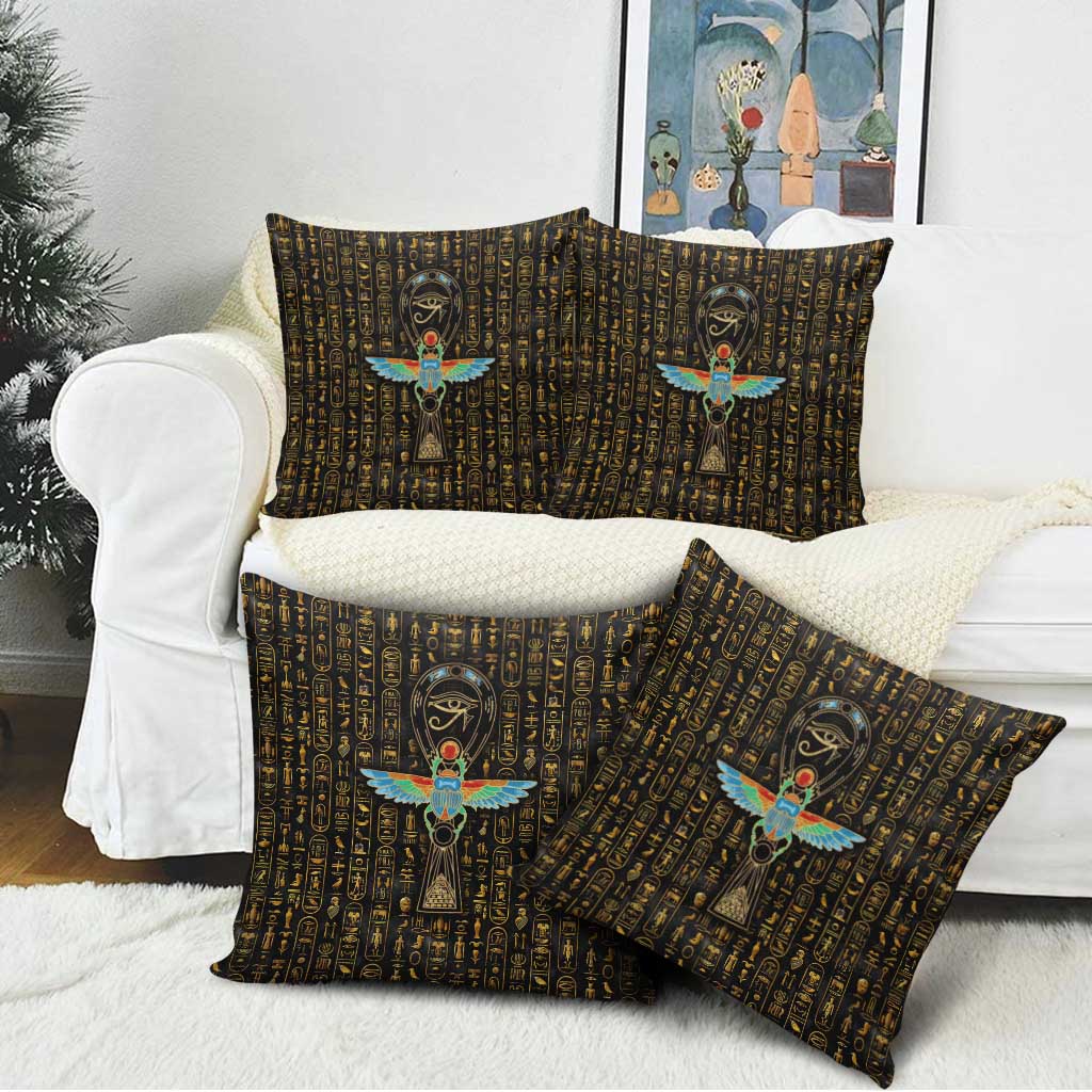 Ancient Pride Pillow Cover African Hieroglyphic Pattern, Eye of Horus, and Sacred Scarab Symbol - Wonder Print Shop