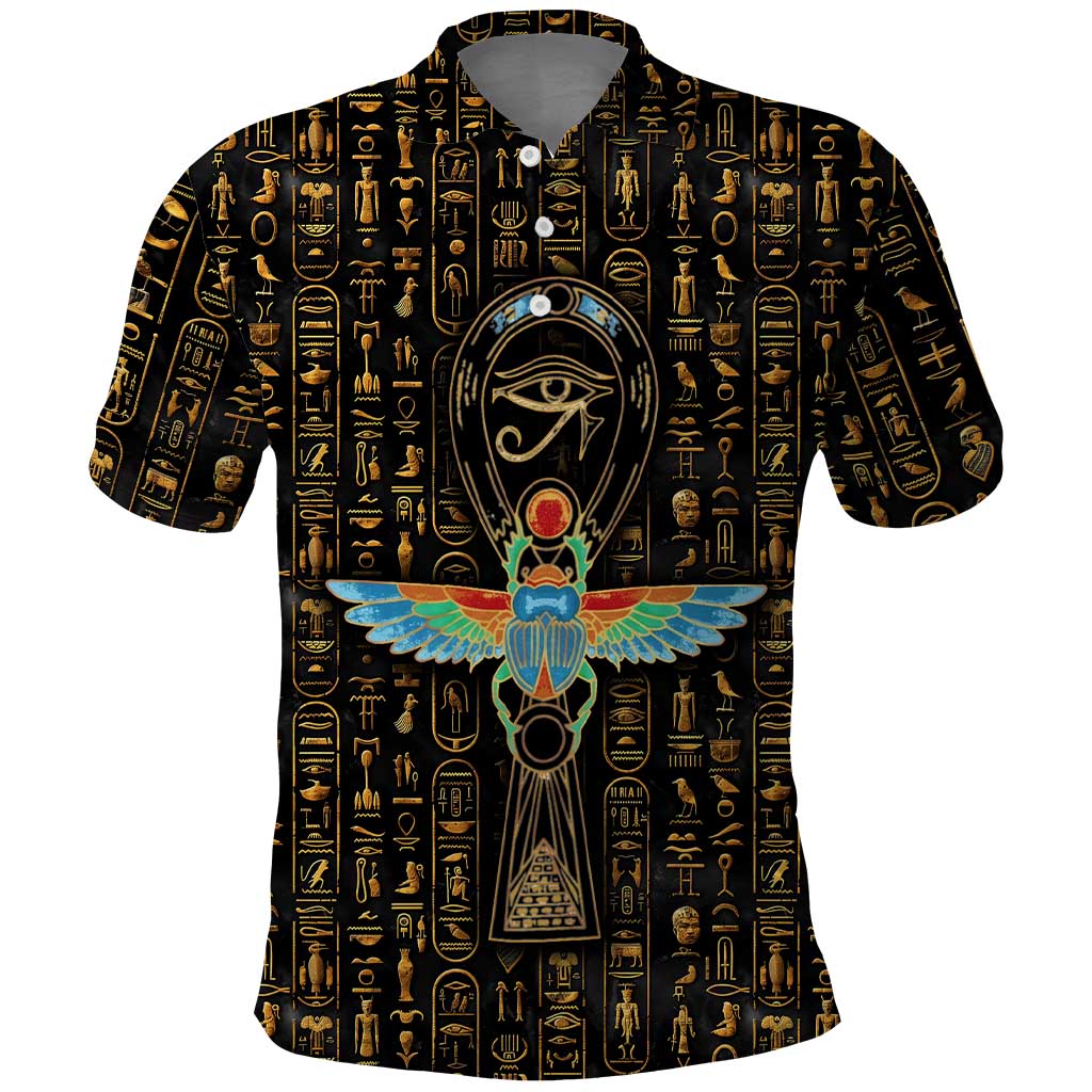 Ancient Pride Polo Shirt African Hieroglyphic Pattern, Eye of Horus, and Sacred Scarab Symbol - Wonder Print Shop