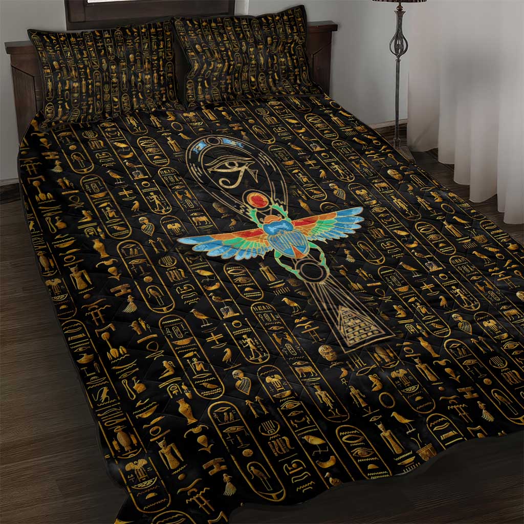 Ancient Pride Quilt Bed Set African Hieroglyphic Pattern, Eye of Horus, and Sacred Scarab Symbol - Wonder Print Shop