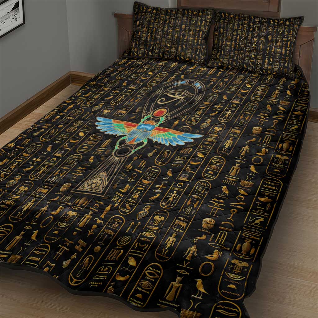 Ancient Pride Quilt Bed Set African Hieroglyphic Pattern, Eye of Horus, and Sacred Scarab Symbol - Wonder Print Shop