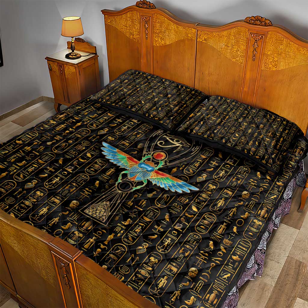 Ancient Pride Quilt Bed Set African Hieroglyphic Pattern, Eye of Horus, and Sacred Scarab Symbol - Wonder Print Shop