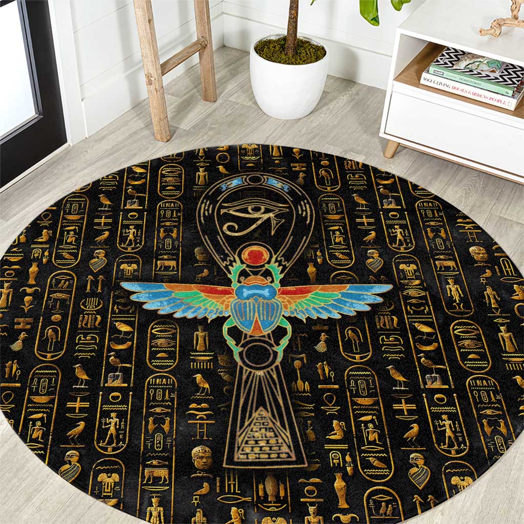 Ancient Pride Round Carpet African Hieroglyphic Pattern, Eye of Horus, and Sacred Scarab Symbol - Wonder Print Shop