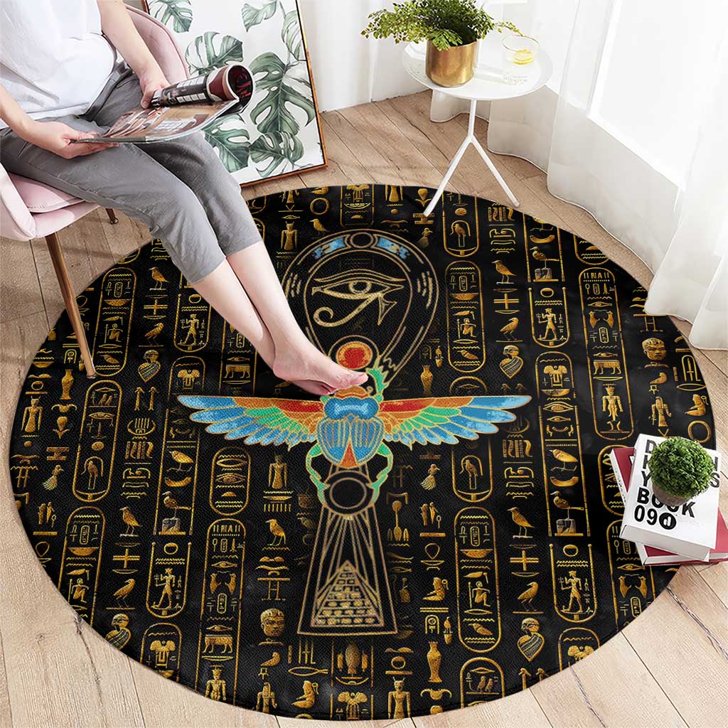 Ancient Pride Round Carpet African Hieroglyphic Pattern, Eye of Horus, and Sacred Scarab Symbol - Wonder Print Shop
