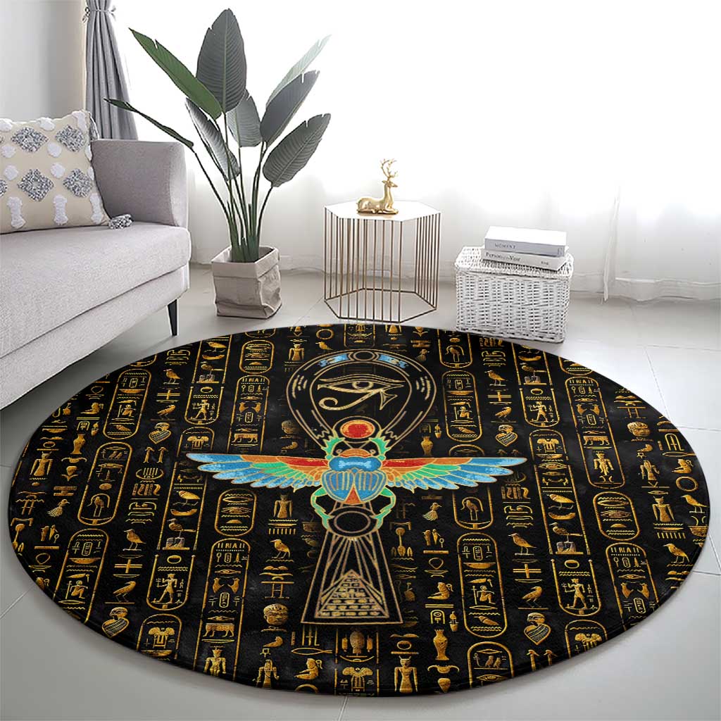 Ancient Pride Round Carpet African Hieroglyphic Pattern, Eye of Horus, and Sacred Scarab Symbol - Wonder Print Shop