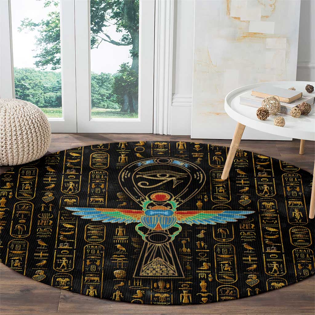 Ancient Pride Round Carpet African Hieroglyphic Pattern, Eye of Horus, and Sacred Scarab Symbol - Wonder Print Shop