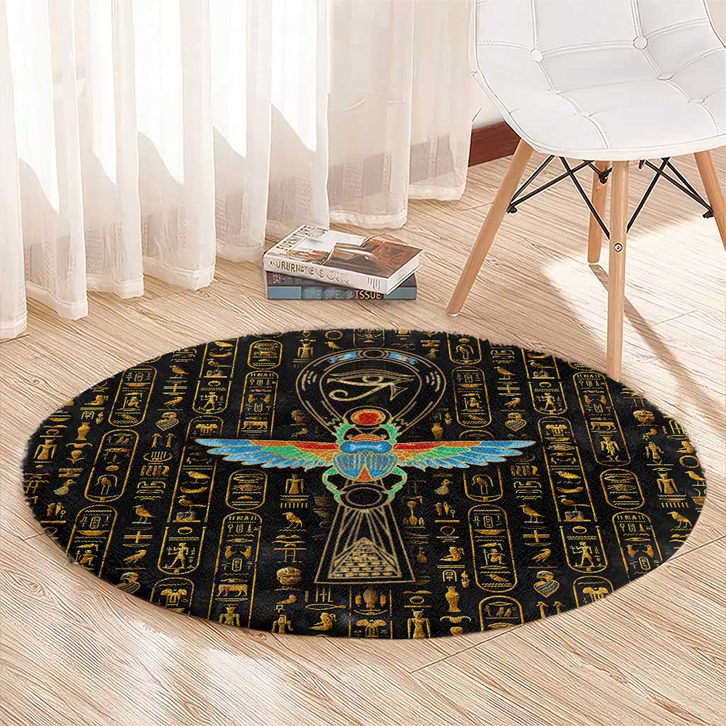 Ancient Pride Round Carpet African Hieroglyphic Pattern, Eye of Horus, and Sacred Scarab Symbol - Wonder Print Shop