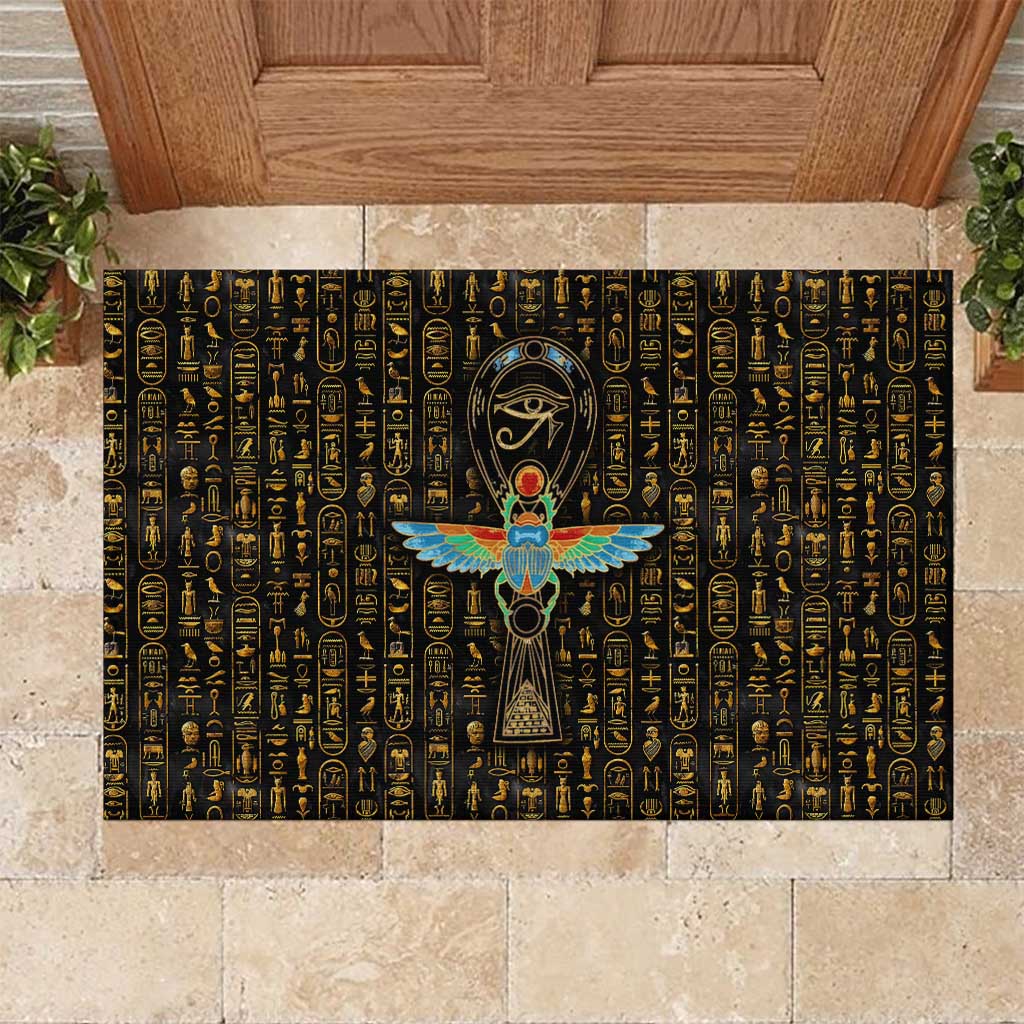 Ancient Pride Rubber Doormat African Hieroglyphic Pattern, Eye of Horus, and Sacred Scarab Symbol - Wonder Print Shop