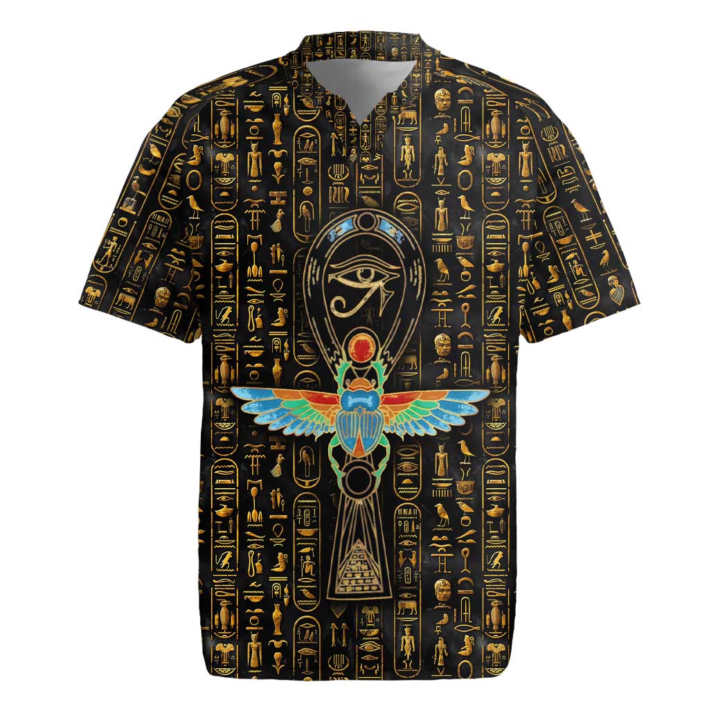 Ancient Pride Rugby Jersey African Hieroglyphic Pattern, Eye of Horus, and Sacred Scarab Symbol - Wonder Print Shop