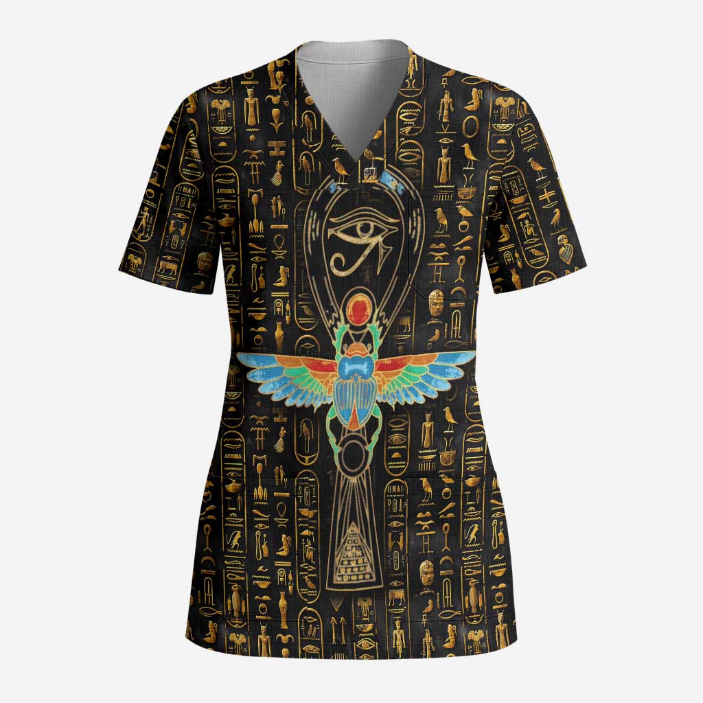 Ancient Pride Scrub Top African Hieroglyphic Pattern, Eye of Horus, and Sacred Scarab Symbol - Wonder Print Shop
