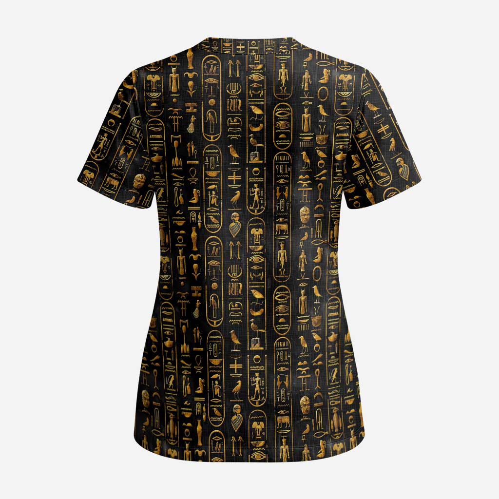 Ancient Pride Scrub Top African Hieroglyphic Pattern, Eye of Horus, and Sacred Scarab Symbol - Wonder Print Shop