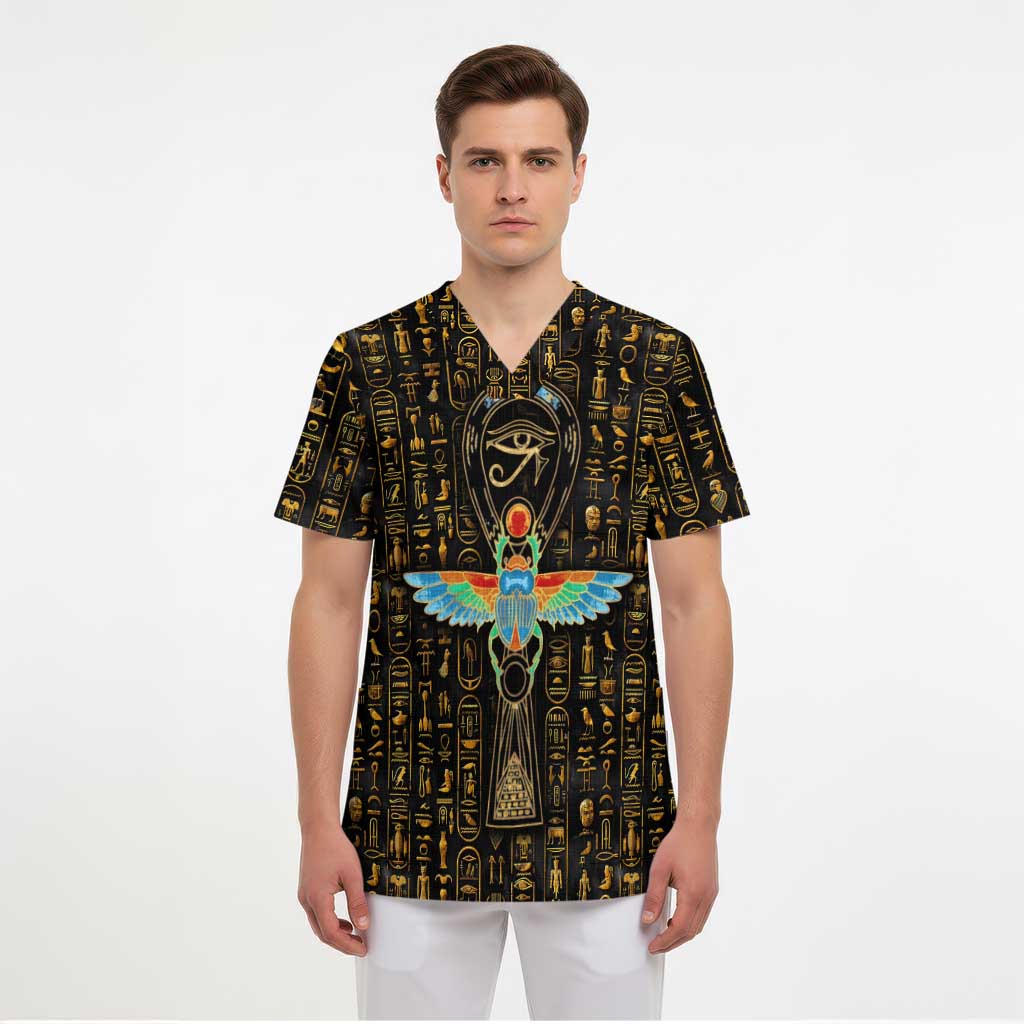 Ancient Pride Scrub Top African Hieroglyphic Pattern, Eye of Horus, and Sacred Scarab Symbol - Wonder Print Shop