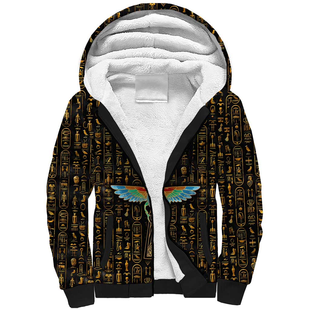 Ancient Pride Sherpa Hoodie African Hieroglyphic Pattern, Eye of Horus, and Sacred Scarab Symbol - Wonder Print Shop