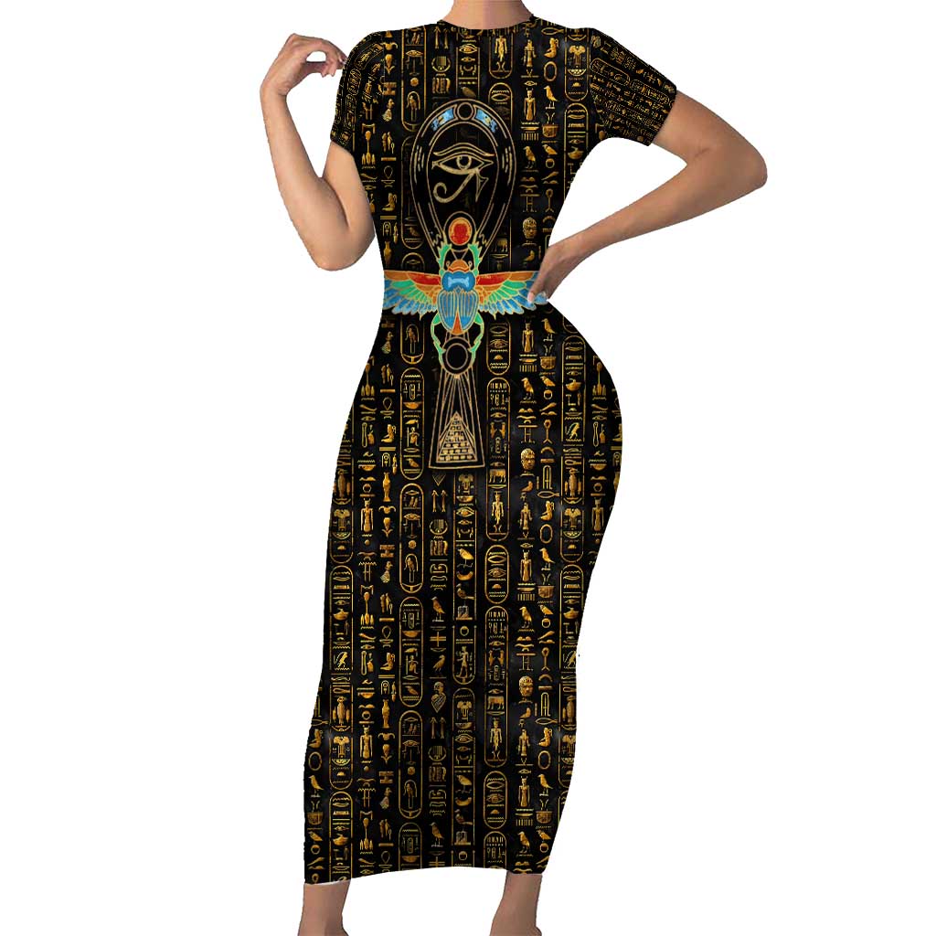 Ancient Pride Short Sleeve Bodycon Dress African Hieroglyphic Pattern, Eye of Horus, and Sacred Scarab Symbol - Wonder Print Shop