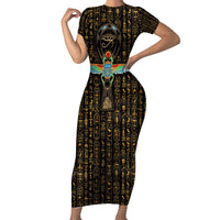 Ancient Pride Short Sleeve Bodycon Dress African Hieroglyphic Pattern, Eye of Horus, and Sacred Scarab Symbol - Wonder Print Shop