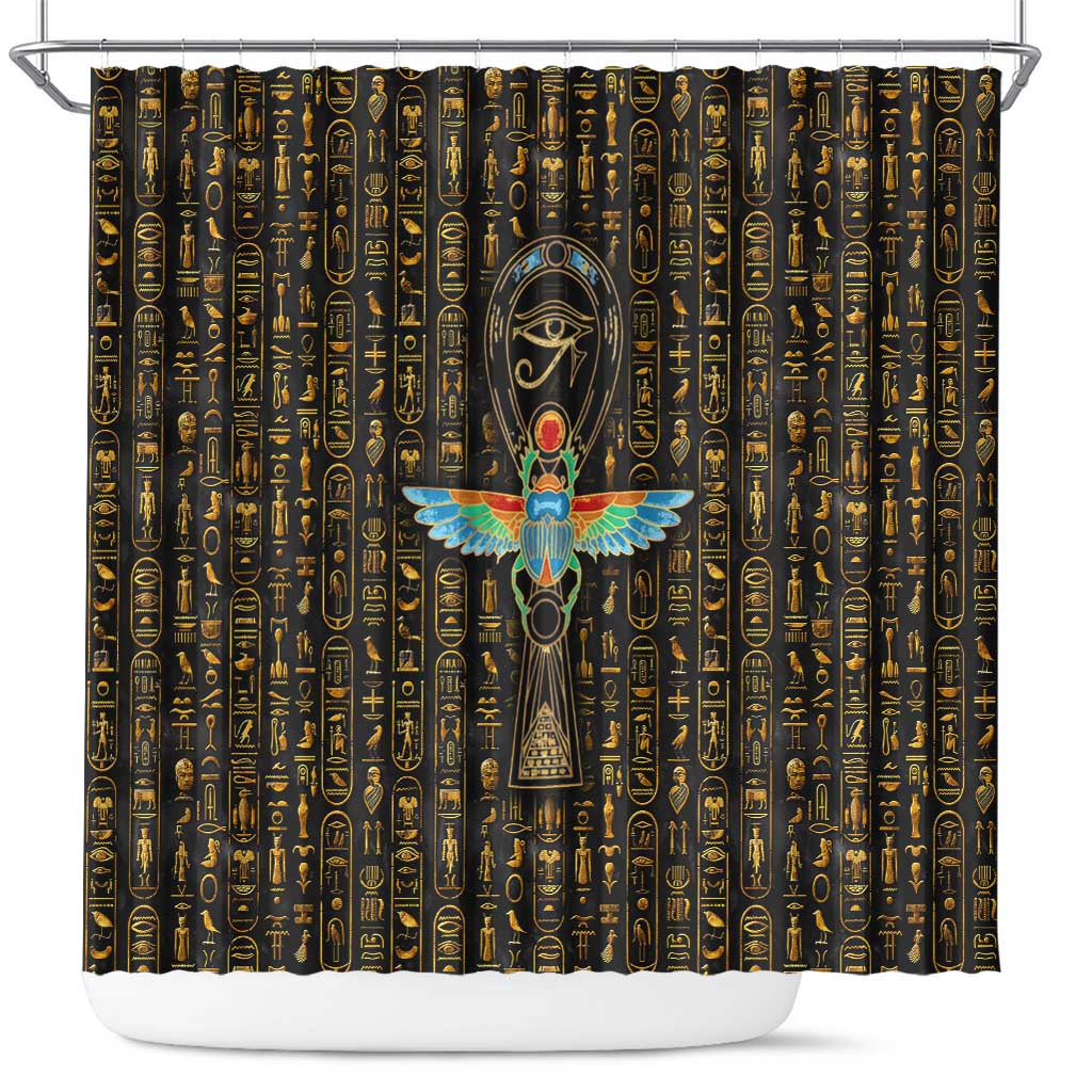 Ancient Pride Shower Curtain African Hieroglyphic Pattern, Eye of Horus, and Sacred Scarab Symbol - Wonder Print Shop