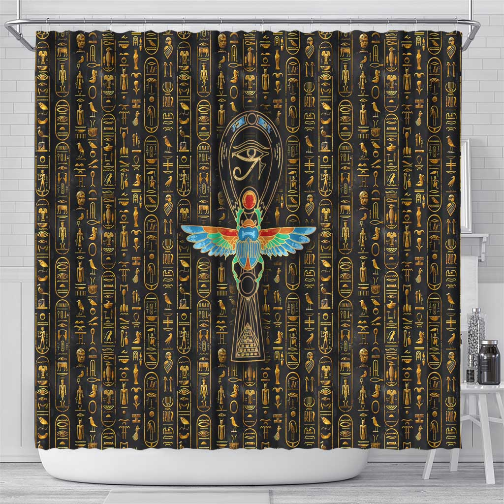 Ancient Pride Shower Curtain African Hieroglyphic Pattern, Eye of Horus, and Sacred Scarab Symbol - Wonder Print Shop