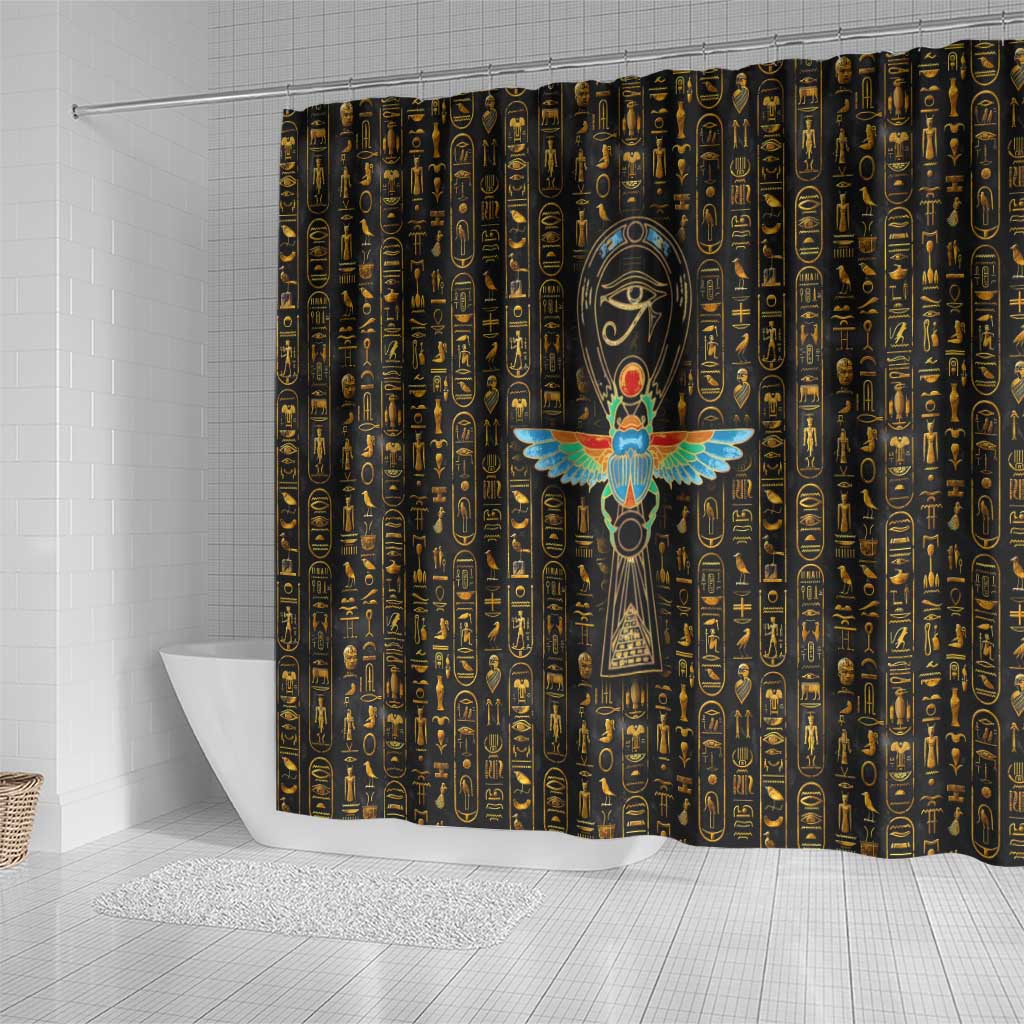 Ancient Pride Shower Curtain African Hieroglyphic Pattern, Eye of Horus, and Sacred Scarab Symbol - Wonder Print Shop