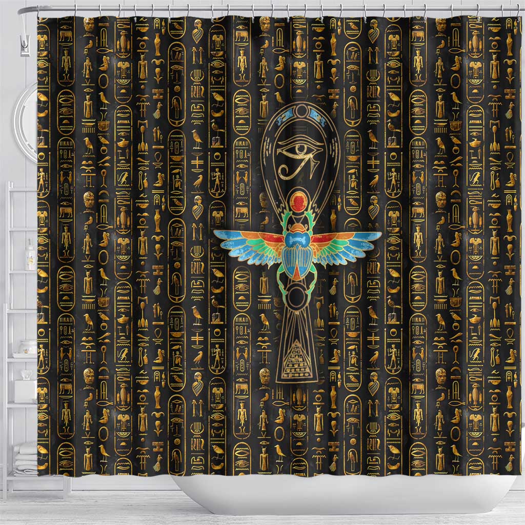 Ancient Pride Shower Curtain African Hieroglyphic Pattern, Eye of Horus, and Sacred Scarab Symbol - Wonder Print Shop