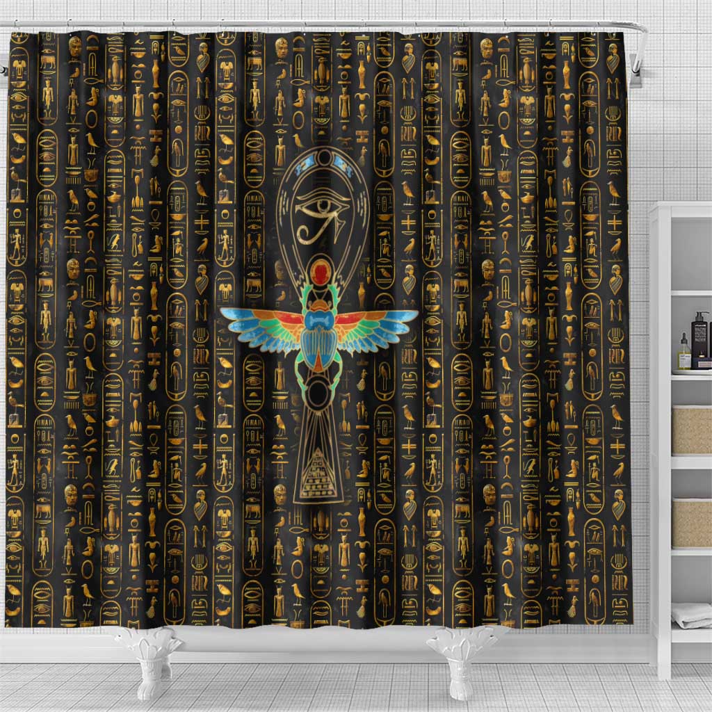 Ancient Pride Shower Curtain African Hieroglyphic Pattern, Eye of Horus, and Sacred Scarab Symbol - Wonder Print Shop