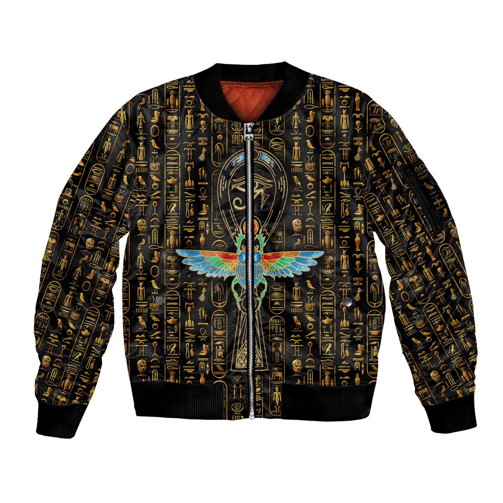 Ancient Pride Sleeve Zip Bomber Jacket African Hieroglyphic Pattern, Eye of Horus, and Sacred Scarab Symbol - Wonder Print Shop