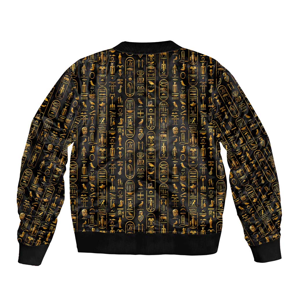 Ancient Pride Sleeve Zip Bomber Jacket African Hieroglyphic Pattern, Eye of Horus, and Sacred Scarab Symbol - Wonder Print Shop