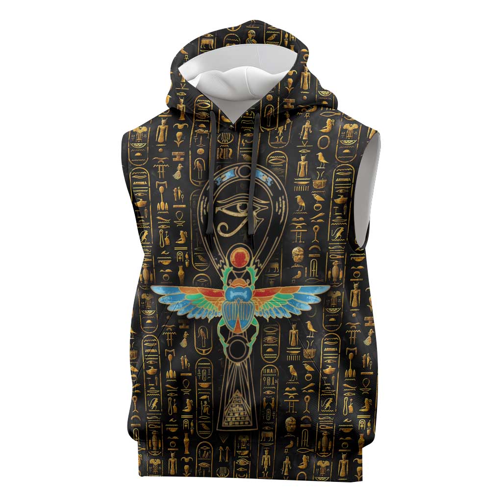 Ancient Pride Sleeveless Hoodie African Hieroglyphic Pattern, Eye of Horus, and Sacred Scarab Symbol - Wonder Print Shop