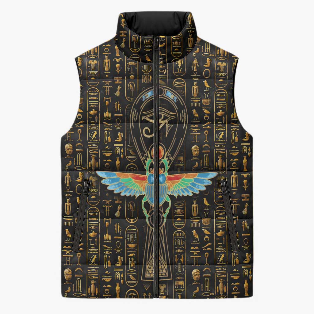 Ancient Pride Sleeveless Puffer Jacket African Hieroglyphic Pattern, Eye of Horus, and Sacred Scarab Symbol - Wonder Print Shop
