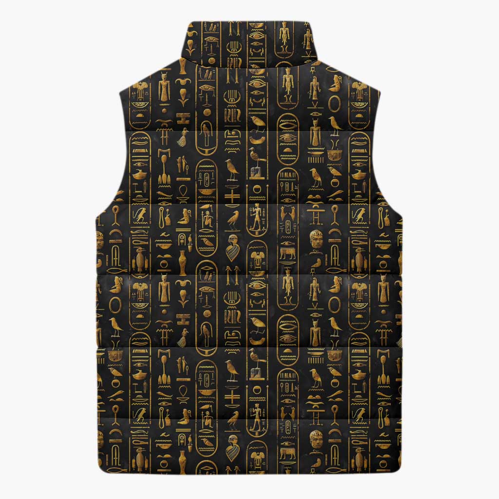 Ancient Pride Sleeveless Puffer Jacket African Hieroglyphic Pattern, Eye of Horus, and Sacred Scarab Symbol - Wonder Print Shop