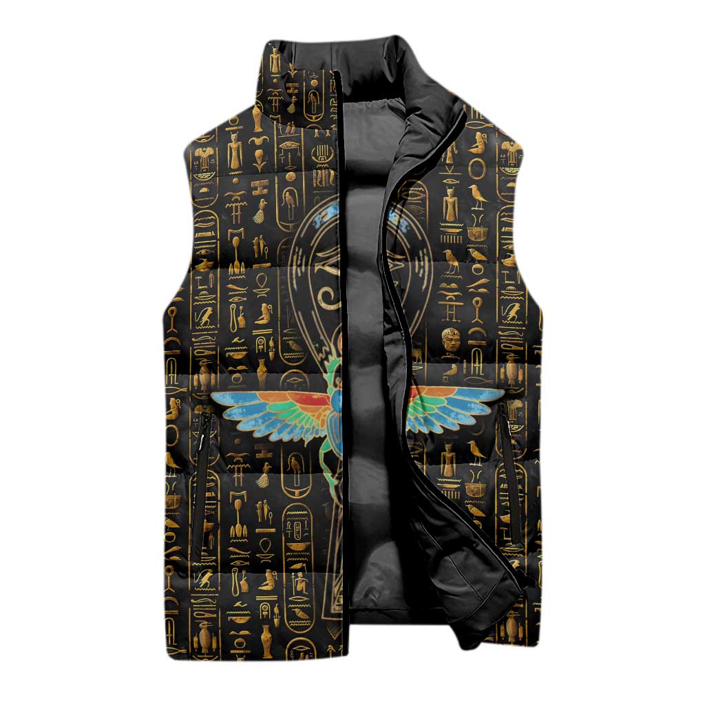 Ancient Pride Sleeveless Puffer Jacket African Hieroglyphic Pattern, Eye of Horus, and Sacred Scarab Symbol - Wonder Print Shop