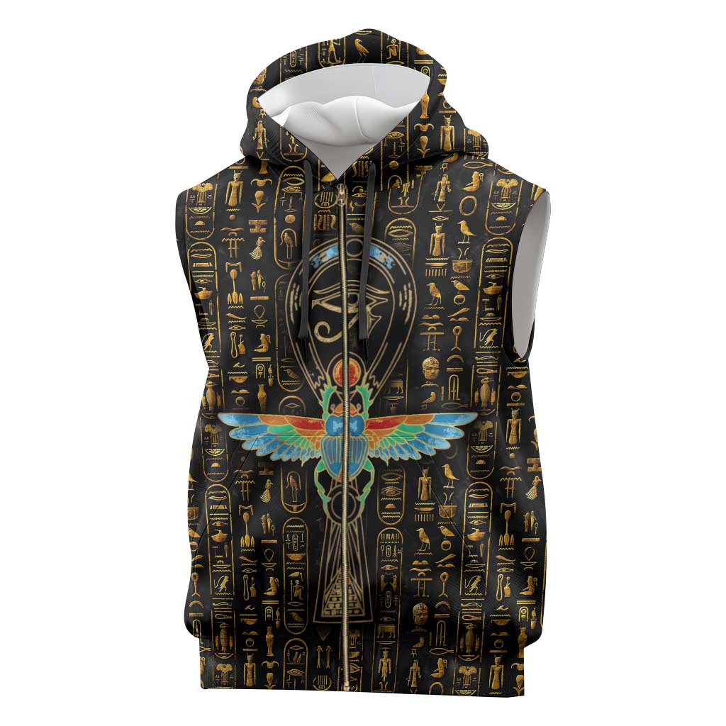 Ancient Pride Sleeveless Zip Hoodie African Hieroglyphic Pattern, Eye of Horus, and Sacred Scarab Symbol - Wonder Print Shop