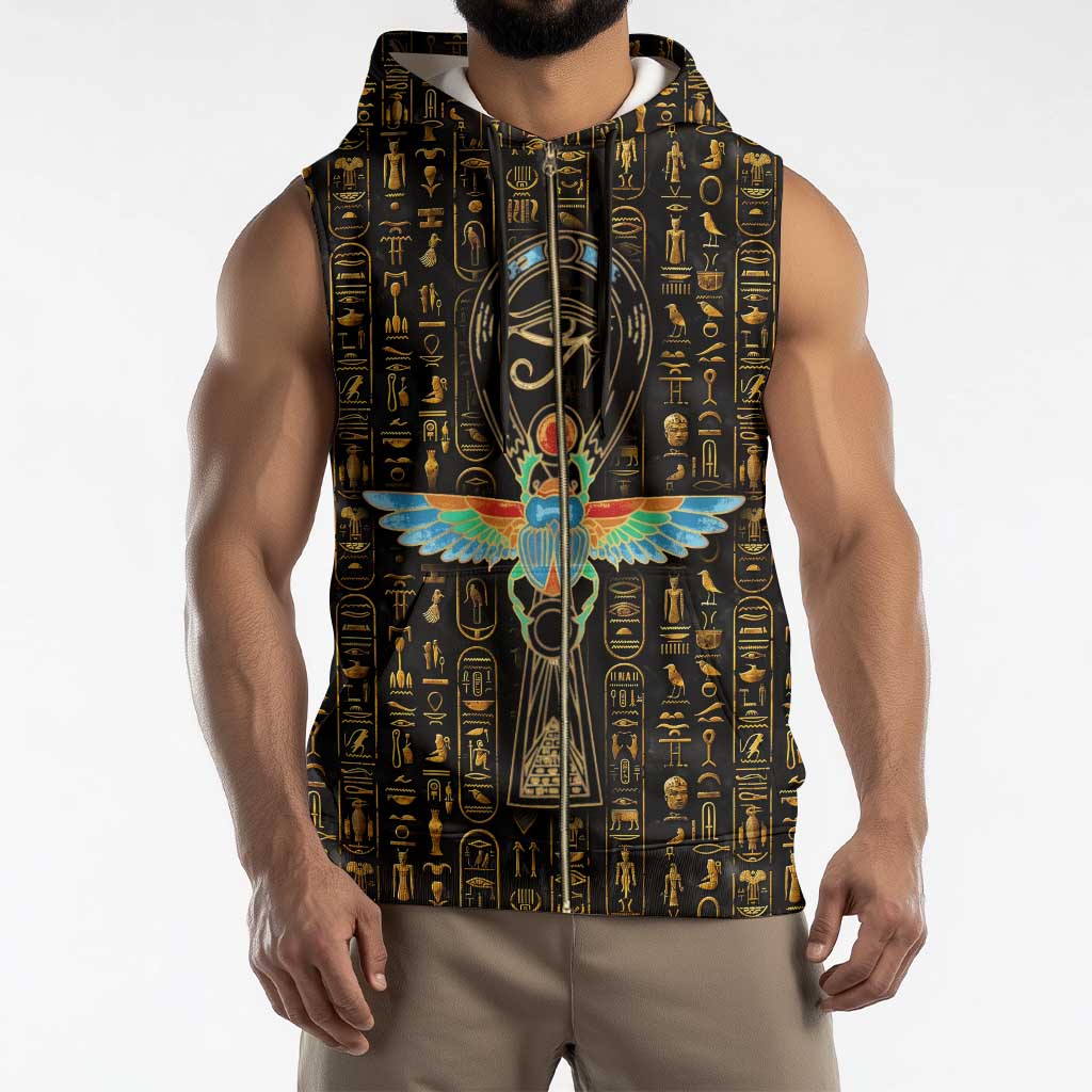 Ancient Pride Sleeveless Zip Hoodie African Hieroglyphic Pattern, Eye of Horus, and Sacred Scarab Symbol - Wonder Print Shop