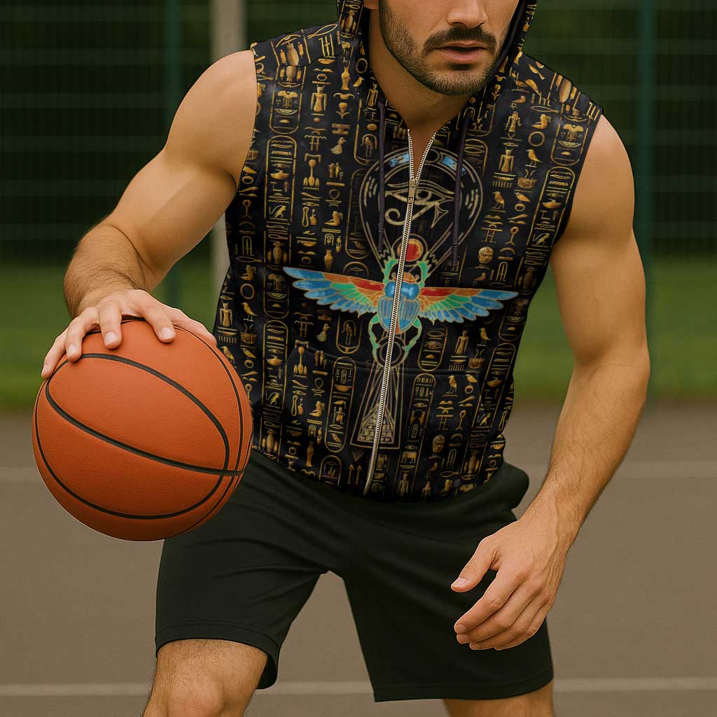 Ancient Pride Sleeveless Zip Hoodie African Hieroglyphic Pattern, Eye of Horus, and Sacred Scarab Symbol - Wonder Print Shop
