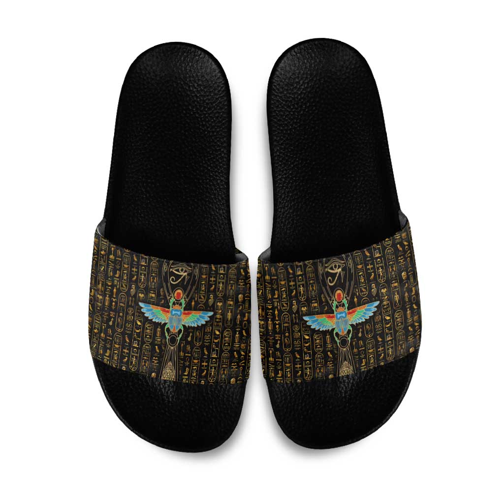 Ancient Pride Slide Sandals African Hieroglyphic Pattern, Eye of Horus, and Sacred Scarab Symbol - Wonder Print Shop