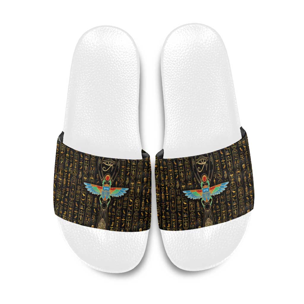 Ancient Pride Slide Sandals African Hieroglyphic Pattern, Eye of Horus, and Sacred Scarab Symbol - Wonder Print Shop