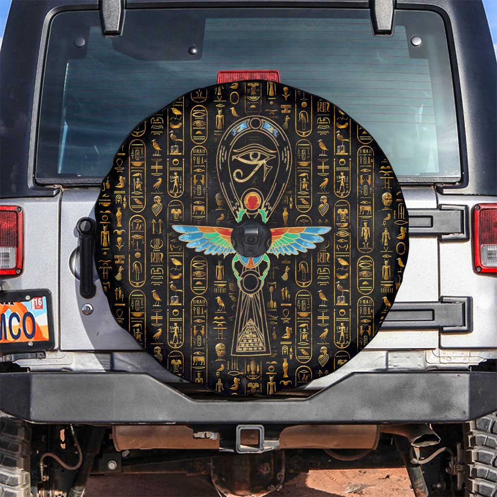 Ancient Pride Spare Tire Cover African Hieroglyphic Pattern, Eye of Horus, and Sacred Scarab Symbol - Wonder Print Shop