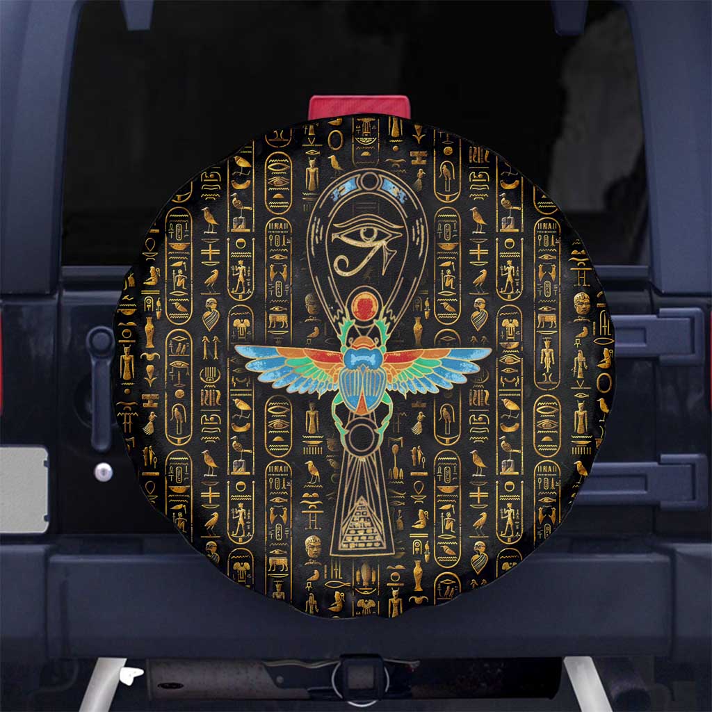 Ancient Pride Spare Tire Cover African Hieroglyphic Pattern, Eye of Horus, and Sacred Scarab Symbol - Wonder Print Shop