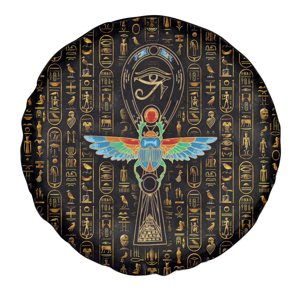 Ancient Pride Spare Tire Cover African Hieroglyphic Pattern, Eye of Horus, and Sacred Scarab Symbol - Wonder Print Shop