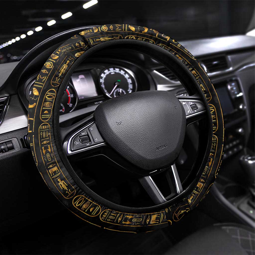 Ancient Pride Steering Wheel Cover African Hieroglyphic Pattern, Eye of Horus, and Sacred Scarab Symbol - Wonder Print Shop