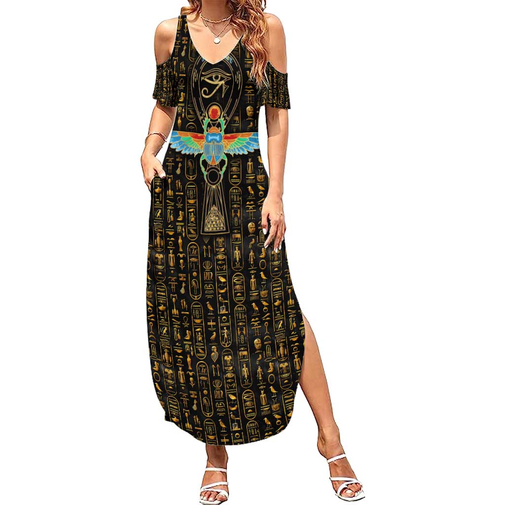 Ancient Pride Summer Maxi Dress African Hieroglyphic Pattern, Eye of Horus, and Sacred Scarab Symbol - Wonder Print Shop