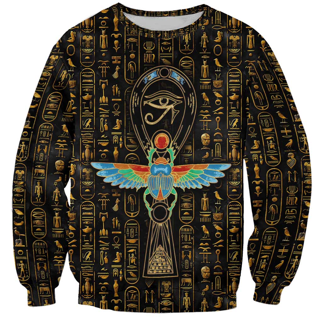 Ancient Pride Sweatshirt African Hieroglyphic Pattern, Eye of Horus, and Sacred Scarab Symbol - Wonder Print Shop