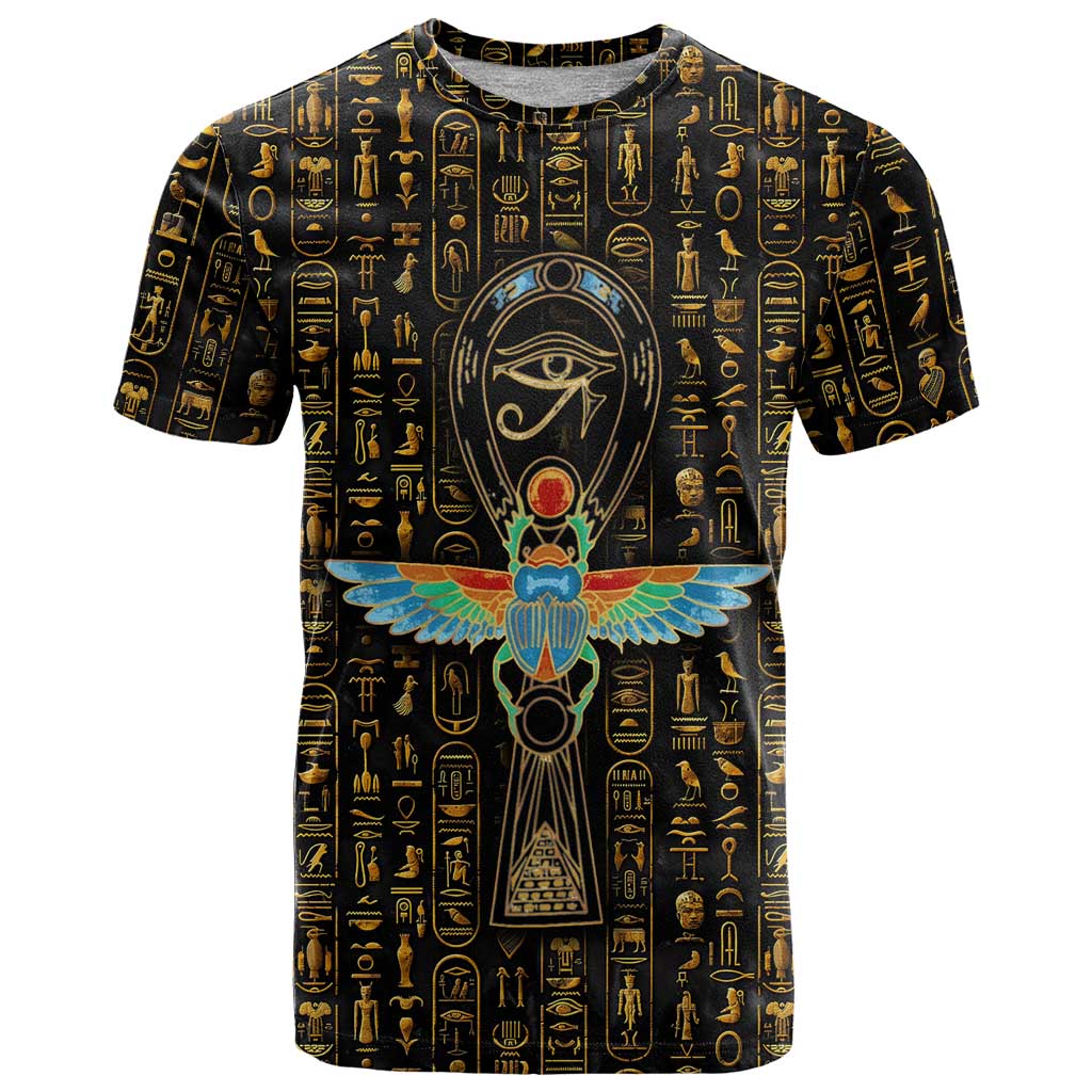 Ancient Pride T Shirt African Hieroglyphic Pattern, Eye of Horus, and Sacred Scarab Symbol - Wonder Print Shop