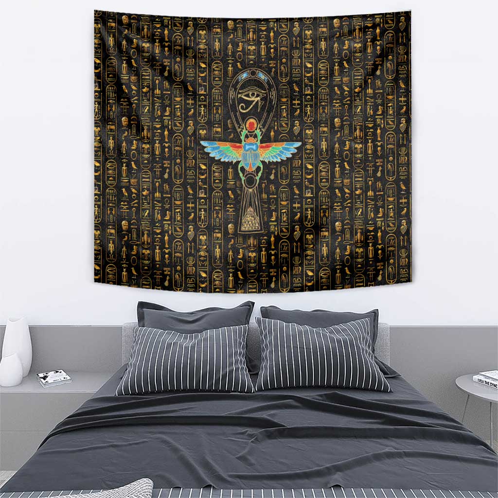 Ancient Pride Tapestry African Hieroglyphic Pattern, Eye of Horus, and Sacred Scarab Symbol - Wonder Print Shop
