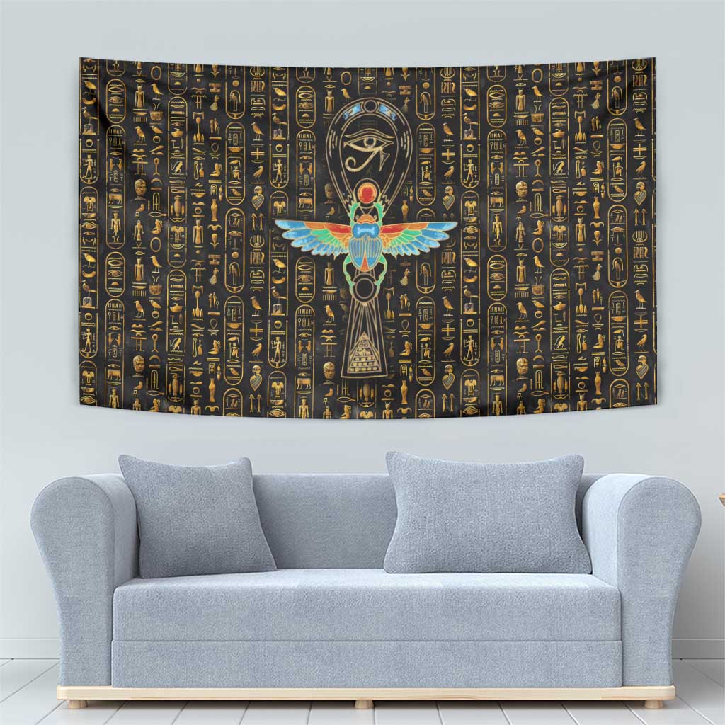 Ancient Pride Tapestry African Hieroglyphic Pattern, Eye of Horus, and Sacred Scarab Symbol - Wonder Print Shop