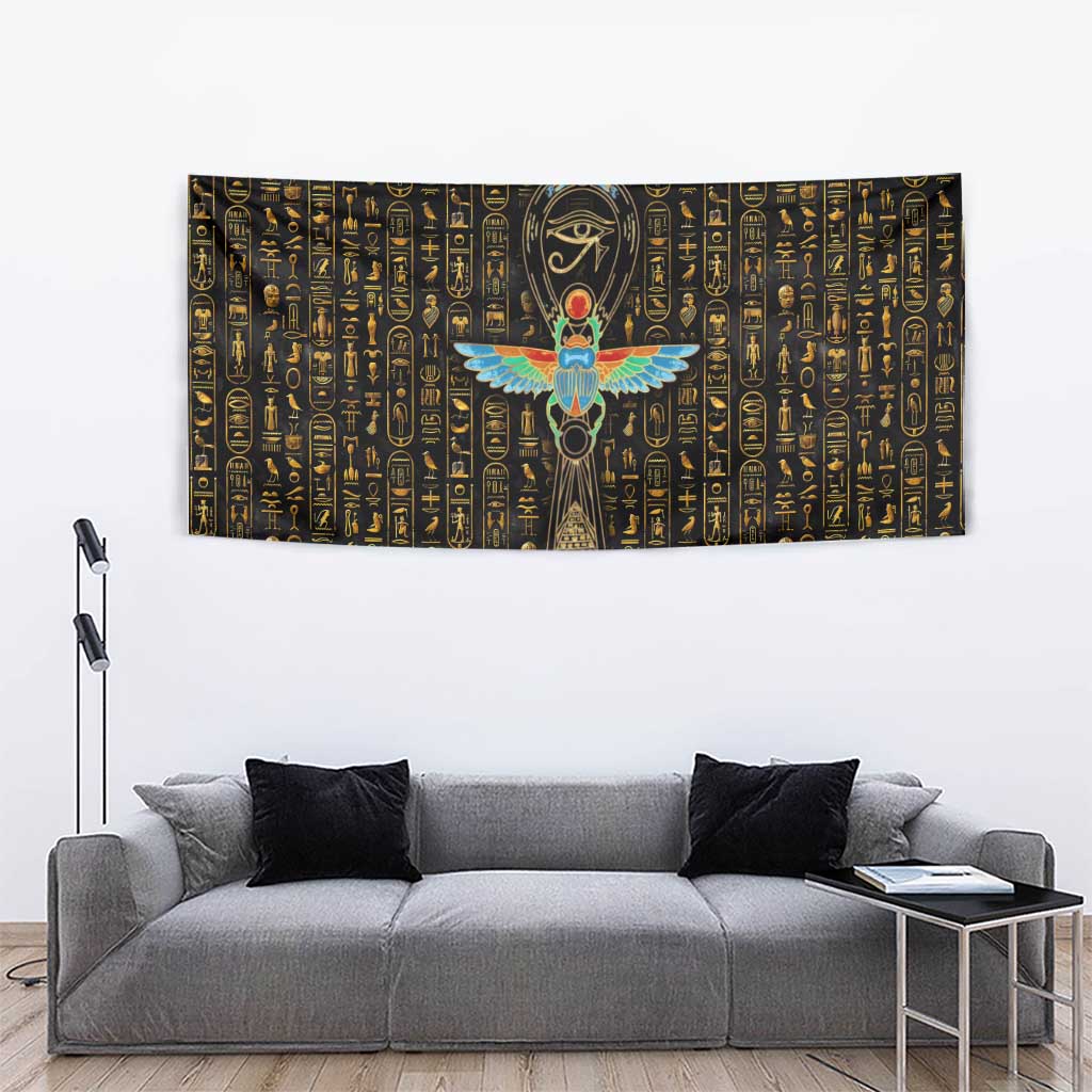 Ancient Pride Tapestry African Hieroglyphic Pattern, Eye of Horus, and Sacred Scarab Symbol - Wonder Print Shop