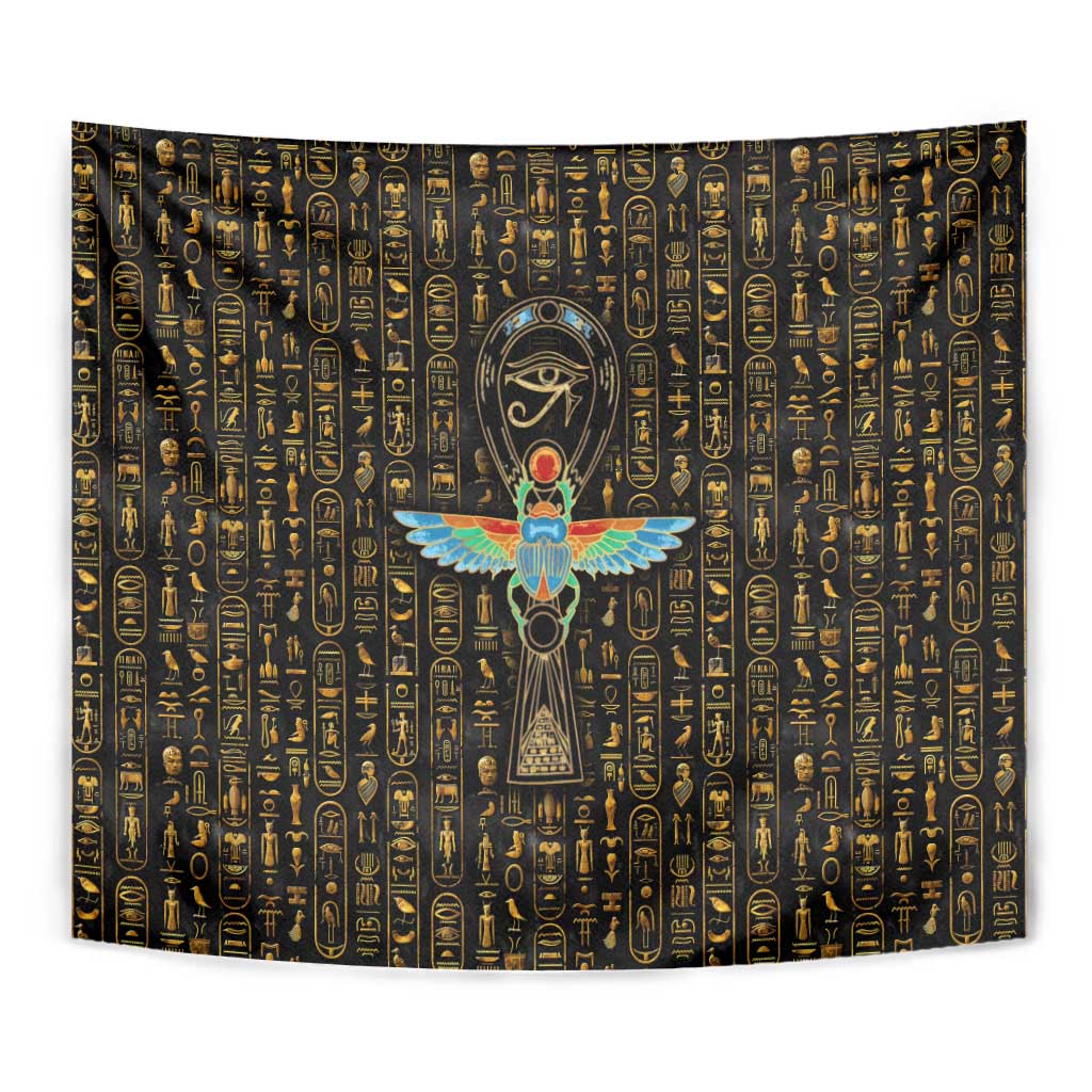 Ancient Pride Tapestry African Hieroglyphic Pattern, Eye of Horus, and Sacred Scarab Symbol - Wonder Print Shop