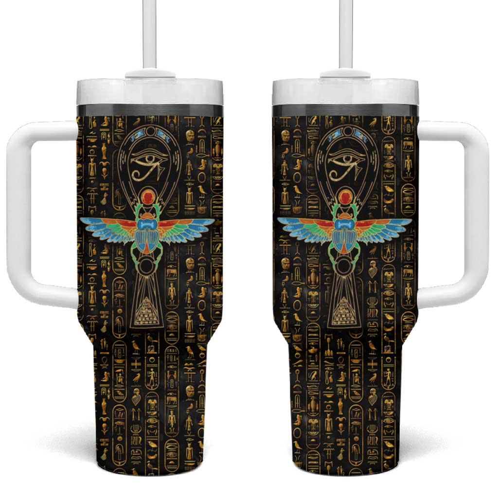 Ancient Pride Tumbler With Handle African Hieroglyphic Pattern, Eye of Horus, and Sacred Scarab Symbol - Wonder Print Shop